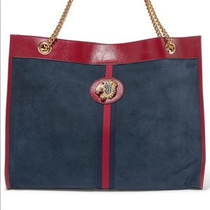 Gucci Rajah patent leather-trimmed suede tote larg